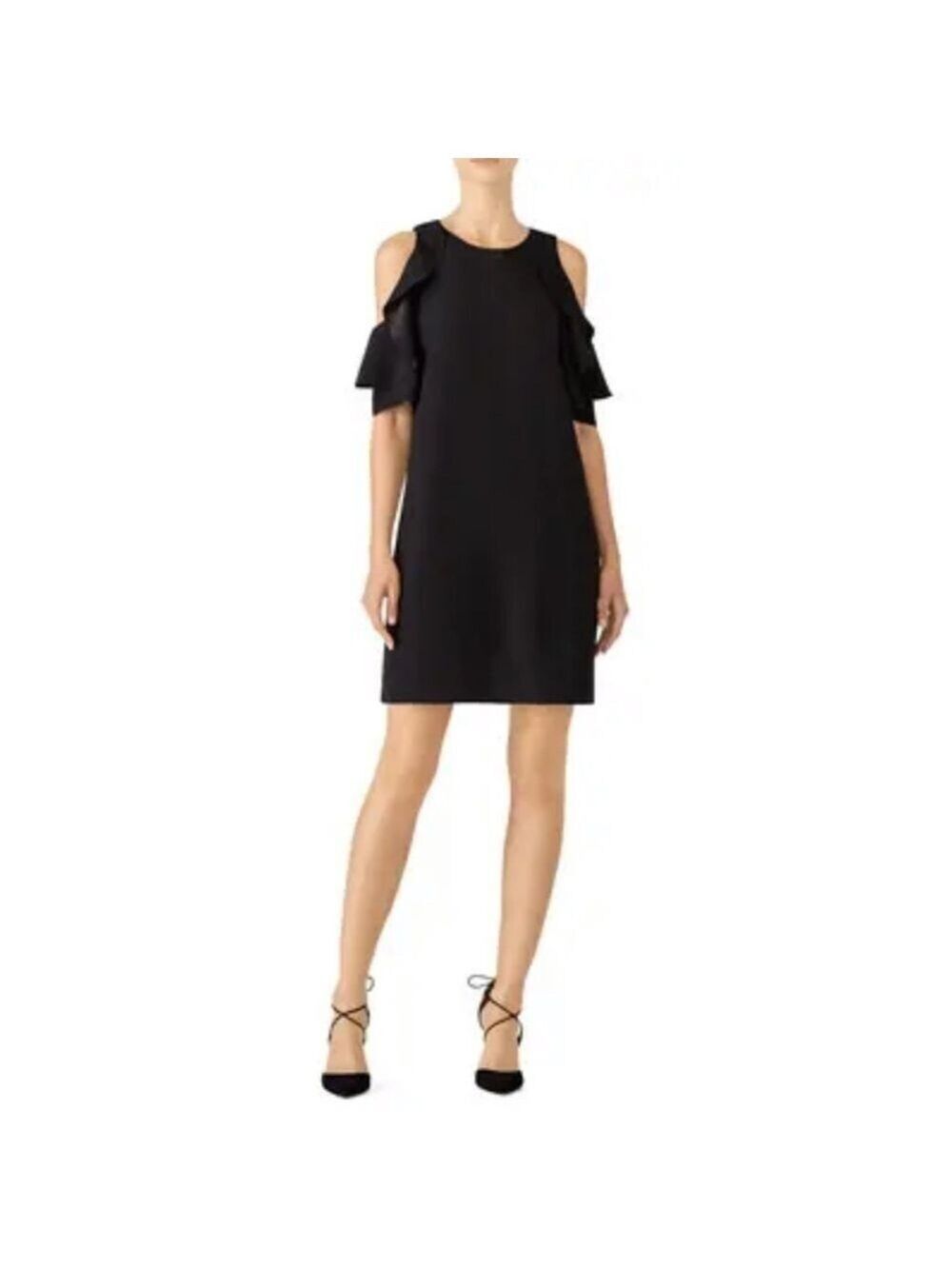 EUC Kate Spade Black Cold Shoulder Ruffle Crepe Shift LBD Cocktail Dress Size XS